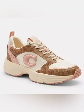 8.5B Coach Signature C275 Tech Runner sneakers. White, brown w pink accents.